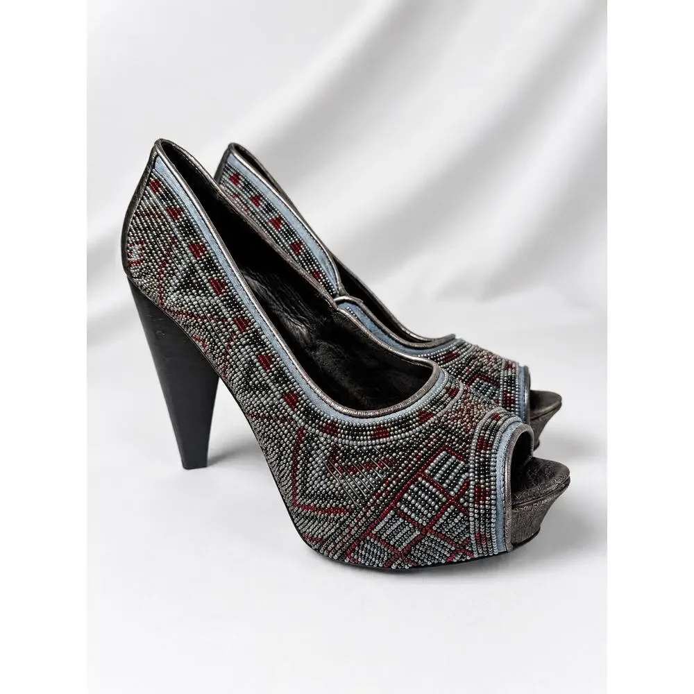 Donald J Pliner Beaded Platform Heels 7.5 M Peep Toe Italy Gray Red Leather